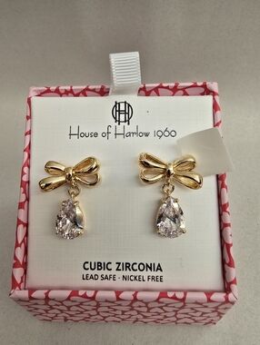 House of Harlow 1960 Gold Bow Drop Earrings with Clear Teardrop Stones
